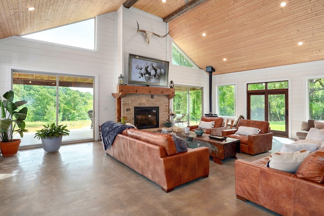 1721 Jackson Spring Rd, Ozark, MO 65721 - living room featuring high vaulted ceiling, concrete flooring, wood ceiling, plenty of natural light, and recessed lighting