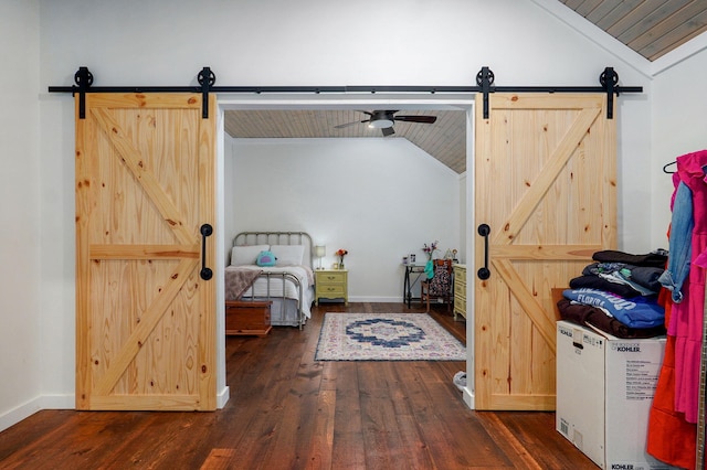 1721 Jackson Spring Rd, Ozark, MO 65721 - bedroom with a barn door, vaulted ceiling, dark wood-type flooring, and wood ceiling