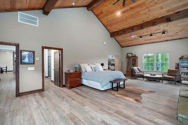 1721 Jackson Spring Rd, Ozark, MO 65721 - bedroom featuring high vaulted ceiling, a wooden ceiling with exposed beams, and light wood finished floors