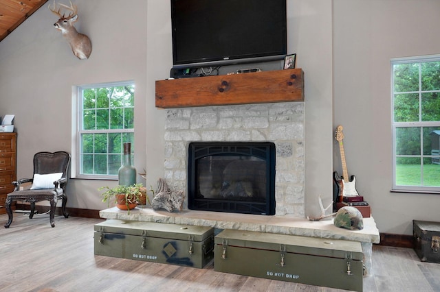 1721 Jackson Spring Rd, Ozark, MO 65721 - living room featuring wood finished floors, a fireplace, and high vaulted ceiling