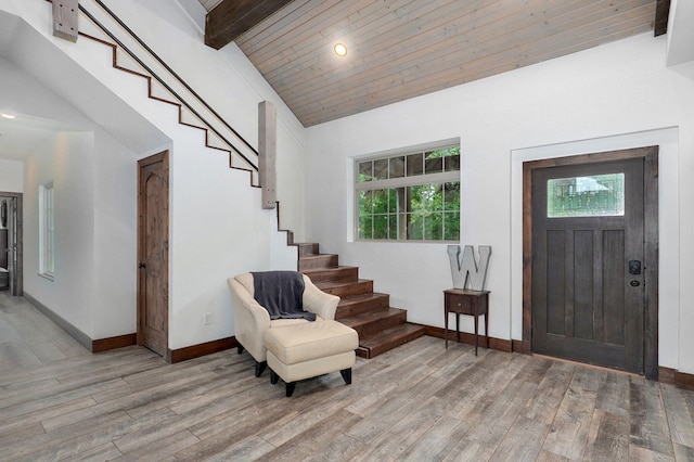 1721 Jackson Spring Rd, Ozark, MO 65721 - foyer featuring stairs, wood finished floors, wooden ceiling, and recessed lighting