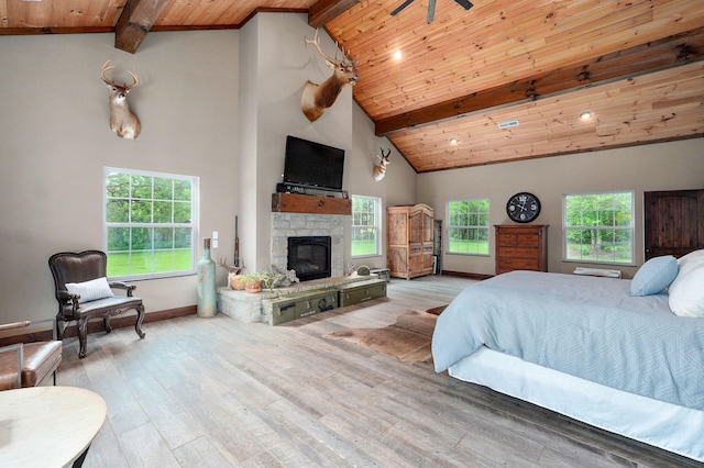 1721 Jackson Spring Rd, Ozark, MO 65721 - bedroom featuring a wooden ceiling with exposed beams, high vaulted ceiling, a fireplace, and wood finished floors