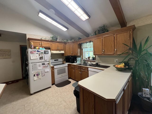 1014 Sassafras St, Willow Springs, MO 65793 - kitchen featuring white appliances, under cabinet range hood, brown cabinetry, light countertops, and a peninsula