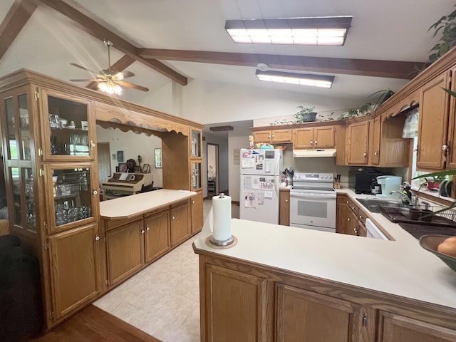 1014 Sassafras St, Willow Springs, MO 65793 - kitchen featuring white appliances, under cabinet range hood, a peninsula, ceiling fan, and light countertops
