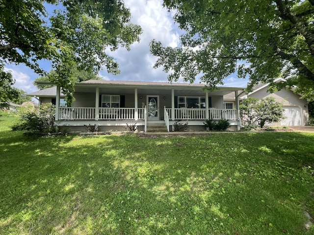 1014 Sassafras St, Willow Springs, MO 65793 - ranch-style home with a porch, a front yard, and a garage