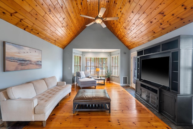 3115 E Lark St, Springfield, MO 65804 - living area with lofted ceiling, a ceiling fan, hardwood / wood-style flooring, and wooden ceiling