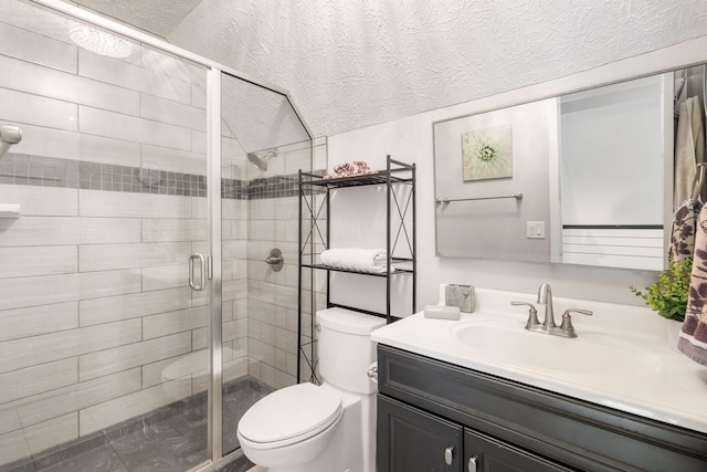 3115 E Lark St, Springfield, MO 65804 - bathroom with a textured ceiling, a shower stall, and vanity