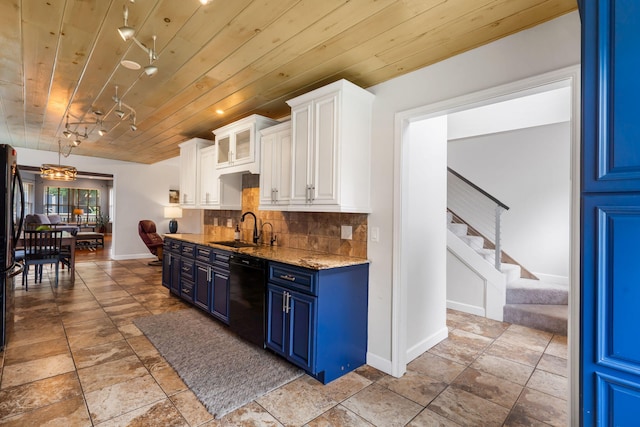 3115 E Lark St, Springfield, MO 65804 - kitchen with dishwasher, blue cabinets, wood ceiling, white cabinets, and backsplash