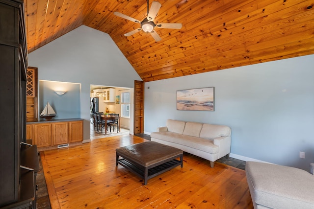 3115 E Lark St, Springfield, MO 65804 - living room featuring a ceiling fan, light wood-style flooring, wooden ceiling, and high vaulted ceiling