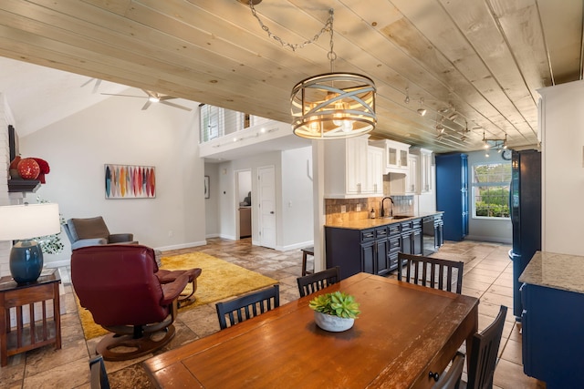3115 E Lark St, Springfield, MO 65804 - dining area with a chandelier, wooden ceiling, a ceiling fan, and lofted ceiling