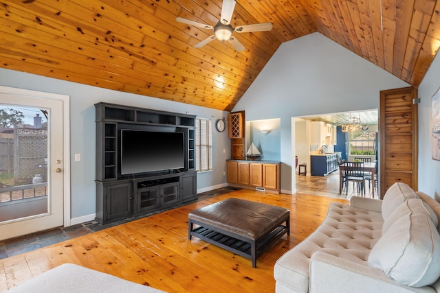 3115 E Lark St, Springfield, MO 65804 - living area featuring a chandelier, ceiling fan, high vaulted ceiling, wooden ceiling, and wood finished floors