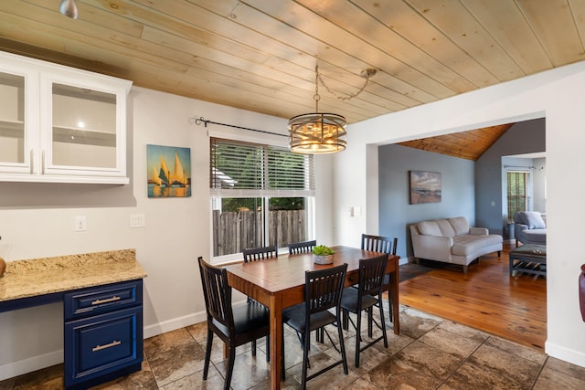 3115 E Lark St, Springfield, MO 65804 - dining room with wooden ceiling, a chandelier, vaulted ceiling, and dark stone finish flooring