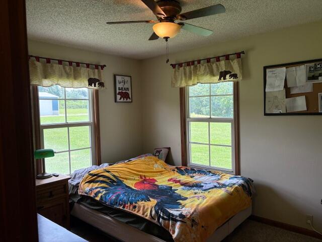 21572 Lawrence Unit 1240, Aurora, MO 65605 - bedroom featuring a textured ceiling, multiple windows, and a ceiling fan
