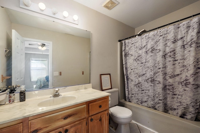 5911 S Farm Rd Unit 157, Springfield, MO 65810 - full bath with vanity, shower / bathtub combination with curtain, tile patterned floors, and ceiling fan