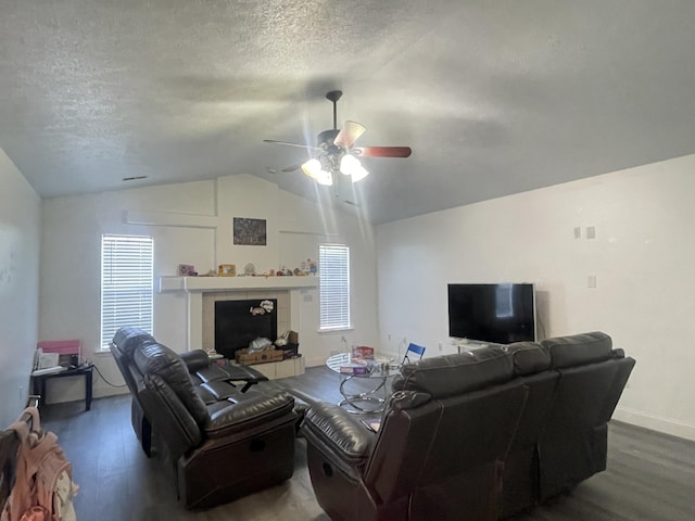 718 S Ridgecrest Ave, Nixa, MO 65714 - living area with wood finished floors, ceiling fan, a textured ceiling, vaulted ceiling, and a fireplace