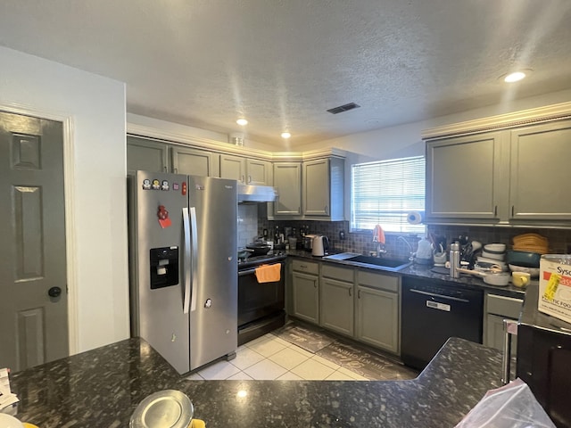 718 S Ridgecrest Ave, Nixa, MO 65714 - kitchen featuring black appliances, under cabinet range hood, tasteful backsplash, light tile patterned floors, and recessed lighting