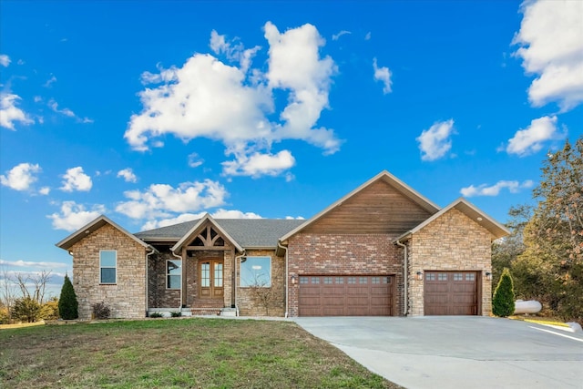 416 W Saddle Club Rd, Fair Grove, MO 65648 - view of front facade featuring a garage, a front yard, driveway, and stone siding