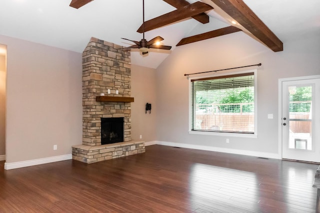 416 W Saddle Club Rd, Fair Grove, MO 65648 - unfurnished living room featuring beam ceiling, a ceiling fan, a stone fireplace, wood finished floors, and high vaulted ceiling