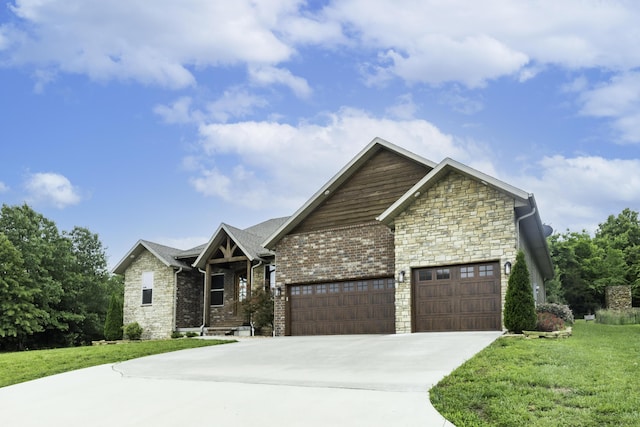 416 W Saddle Club Rd, Fair Grove, MO 65648 - craftsman inspired home with a garage, concrete driveway, a front lawn, stone siding, and brick siding