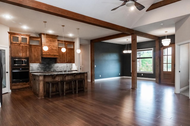 416 W Saddle Club Rd, Fair Grove, MO 65648 - kitchen featuring wall oven, stainless steel microwave, beam ceiling, tasteful backsplash, and recessed lighting