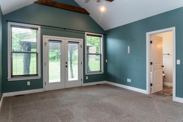 416 W Saddle Club Rd, Fair Grove, MO 65648 - entryway with lofted ceiling, french doors, a ceiling fan, and carpet