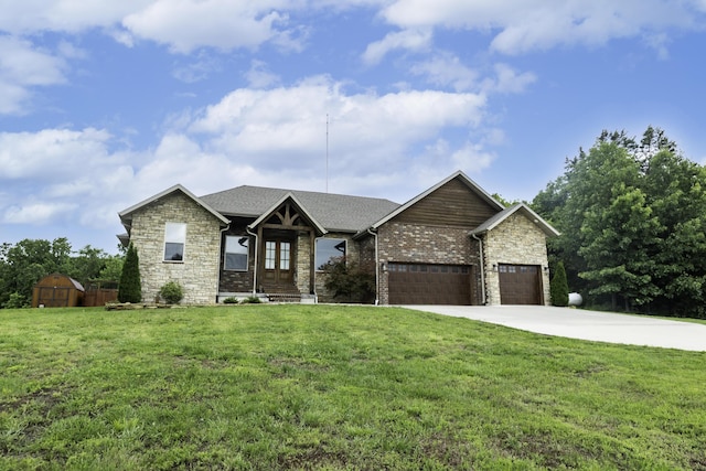 416 W Saddle Club Rd, Fair Grove, MO 65648 - view of front of home with a garage, stone siding, driveway, and a front lawn