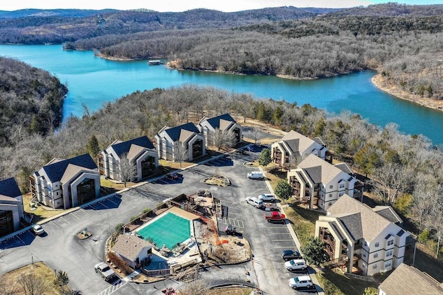 drone / aerial view of a forest and a large body of water