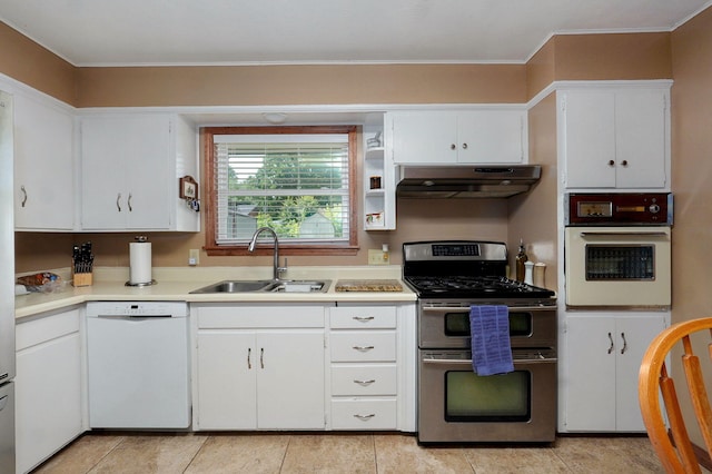 3112 E Lomita St, Springfield, MO 65804 - kitchen with white appliances, under cabinet range hood, light countertops, white cabinets, and crown molding