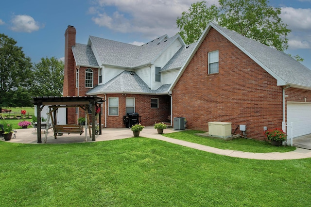 3889 E State Highway Kk, Fair Grove, MO 65648 - back of property featuring a pergola, a chimney, brick siding, a shingled roof, and a lawn