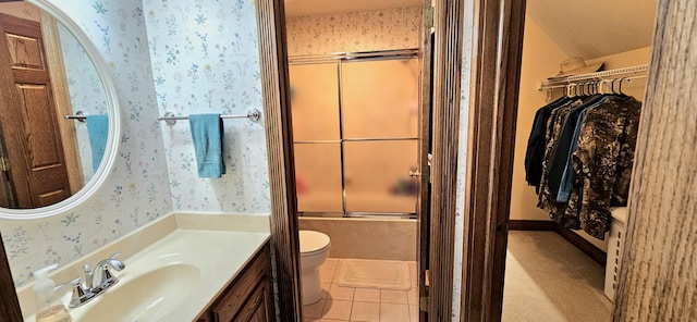 3889 E State Highway Kk, Fair Grove, MO 65648 - bathroom featuring wallpapered walls, vanity, shower / bath combination with glass door, and tile patterned flooring