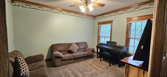 3889 E State Highway Kk, Fair Grove, MO 65648 - living area featuring ornamental molding, ceiling fan, and carpet
