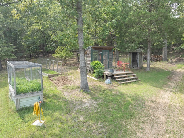 164 Sweet Home Trl, Theodosia, MO 65761 - view of green lawn featuring a storage unit and a vegetable garden