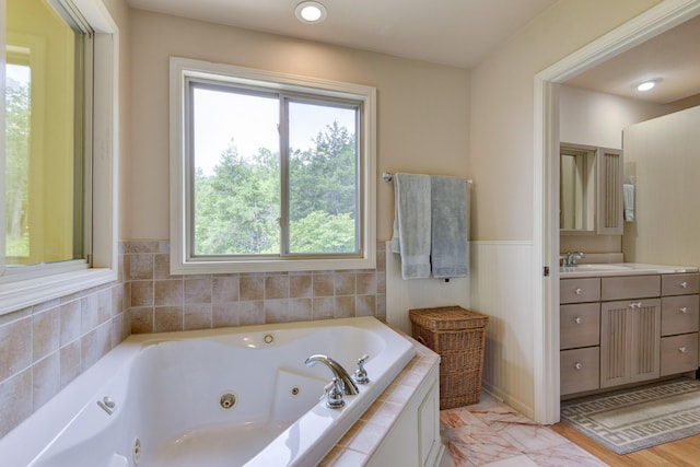 164 Sweet Home Trl, Theodosia, MO 65761 - bathroom with healthy amount of natural light, vanity, a jetted tub, and wainscoting