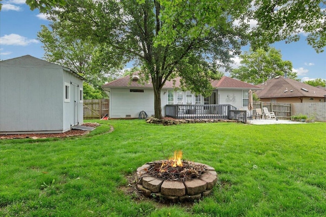 759 S Troy Ave, Springfield, MO 65802 - fenced backyard with an outdoor fire pit, an outdoor structure, and a patio