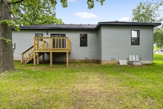 804 Iris Ave, Crane, MO 65633 - rear view of house featuring a wooden deck, crawl space, a yard, and stairs