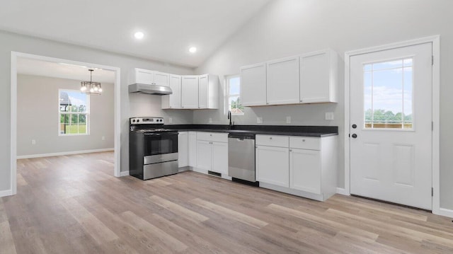 2605 Country Dr, Mountain Grove, MO 65711 - kitchen featuring stainless steel appliances, under cabinet range hood, dark countertops, healthy amount of natural light, and recessed lighting