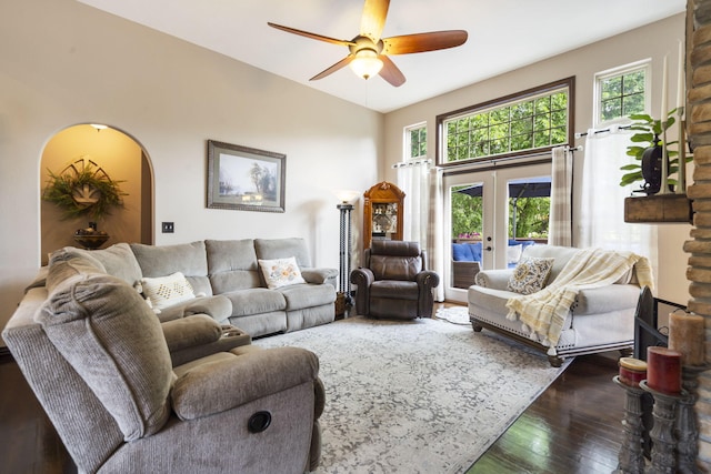 417 Panorama Dr, Cape Fair, MO 65624 - living area with french doors, hardwood / wood-style floors, ceiling fan, and arched walkways