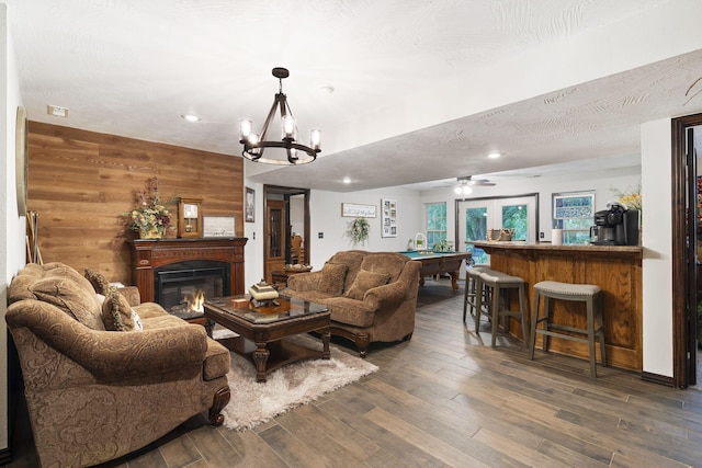 417 Panorama Dr, Cape Fair, MO 65624 - living room featuring pool table, wood walls, a glass covered fireplace, wood finished floors, and recessed lighting