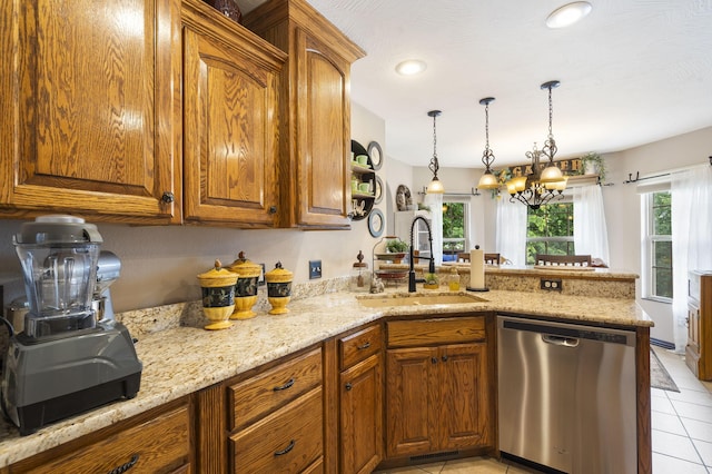 417 Panorama Dr, Cape Fair, MO 65624 - kitchen with dishwasher, a peninsula, a chandelier, light tile patterned floors, and brown cabinets