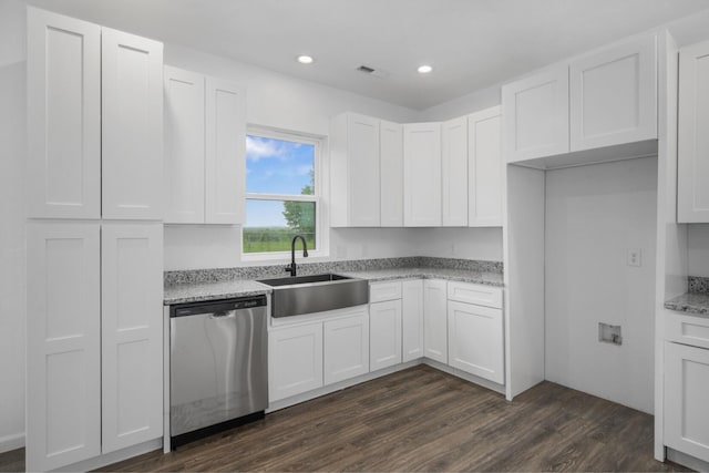 503 Valley View St, Carl Junction, MO 64834 - kitchen featuring dishwasher, dark wood-style flooring, white cabinets, recessed lighting, and light stone counters