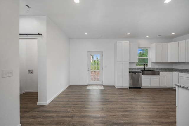503 Valley View St, Carl Junction, MO 64834 - kitchen with stainless steel dishwasher, plenty of natural light, recessed lighting, white cabinetry, and dark wood-type flooring