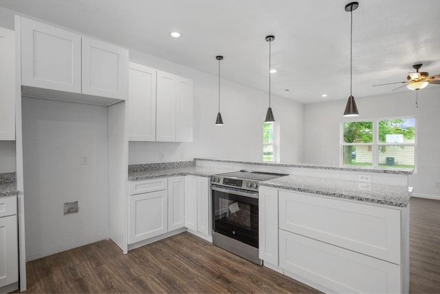 503 Valley View St, Carl Junction, MO 64834 - kitchen with electric range, a peninsula, dark wood-style floors, white cabinetry, and a ceiling fan