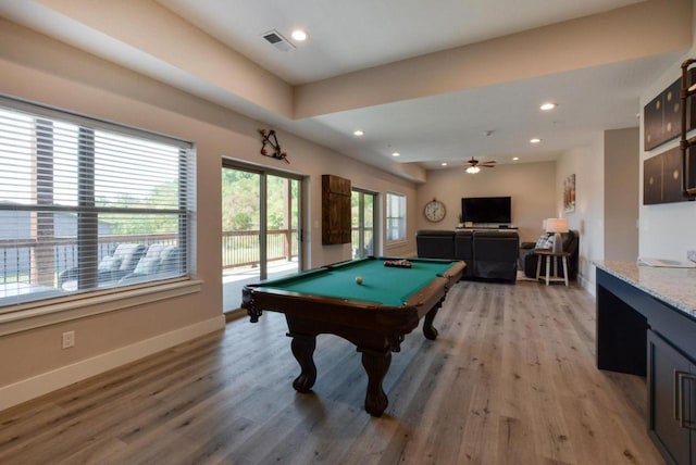 280 Lakefront Dr, Branson, MO 65616 - rec room featuring pool table, light wood-style flooring, a ceiling fan, and recessed lighting