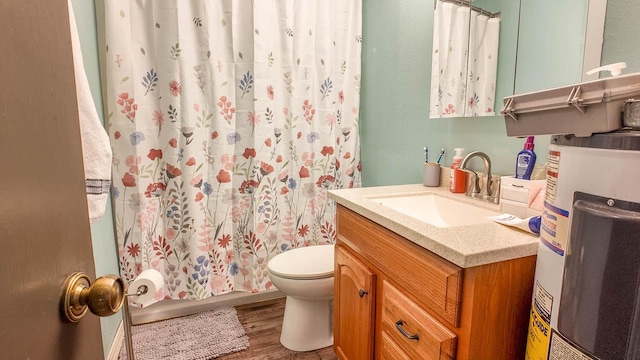 185 Timber Valley Rd, Mammoth Spring, AR 72554 - bathroom featuring electric water heater, vanity, wood finished floors, and a shower with curtain