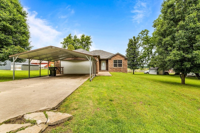 107 W Summit St, Aurora, MO 65605 - ranch-style house featuring a front yard, a garage, brick siding, and a carport