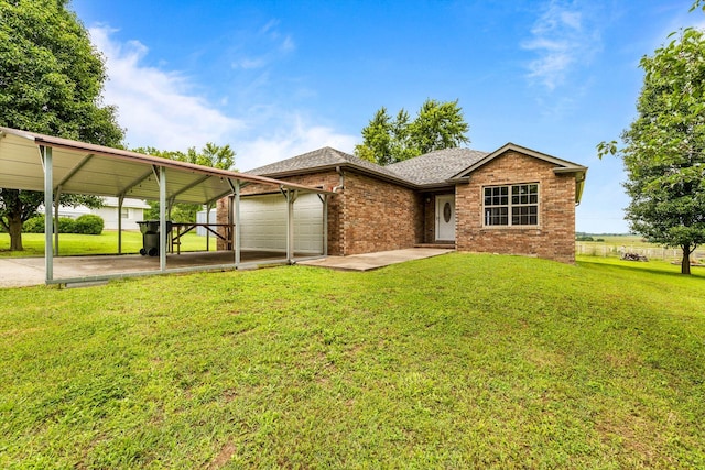 107 W Summit St, Aurora, MO 65605 - single story home with brick siding, a front lawn, an attached garage, roof with shingles, and a carport