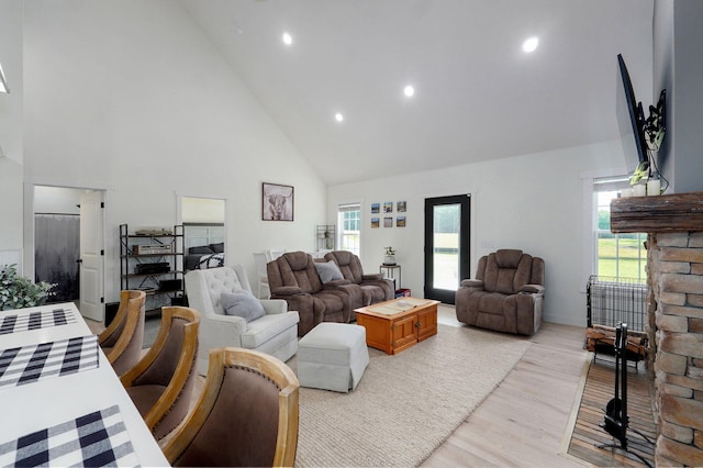 4360 State Highway Ww, Verona, MO 65769 - living area featuring high vaulted ceiling, light wood-style floors, recessed lighting, plenty of natural light, and a fireplace
