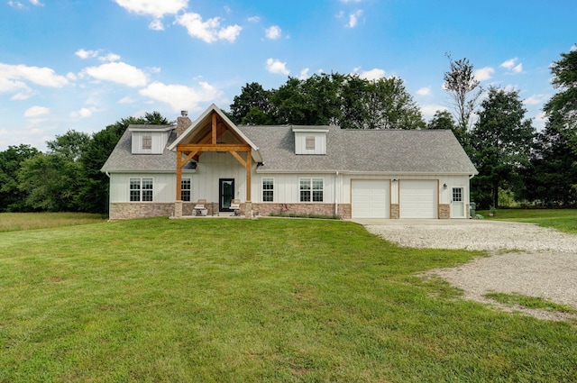 4360 State Highway Ww, Verona, MO 65769 - view of front facade featuring gravel driveway, stone siding, an attached garage, a front lawn, and a chimney
