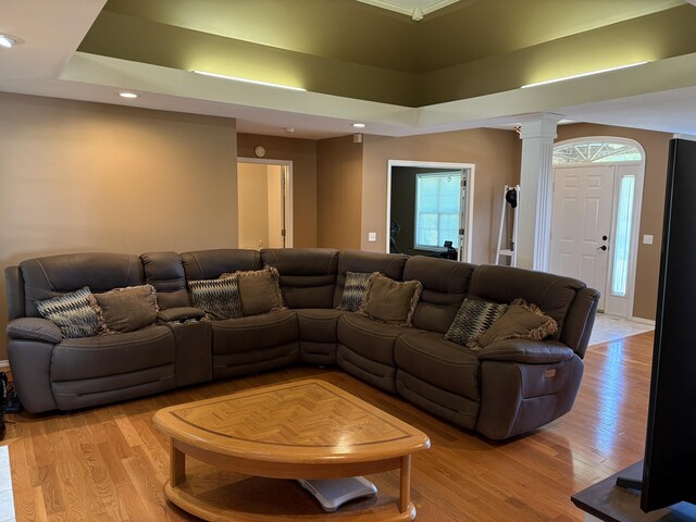 4849 W Rose Hill Rd, Billings, MO 65610 - living area featuring ornate columns, light wood-type flooring, and recessed lighting