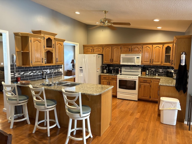 4849 W Rose Hill Rd, Billings, MO 65610 - kitchen featuring white appliances, a peninsula, open shelves, backsplash, and lofted ceiling